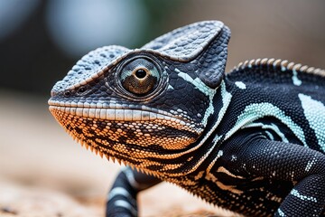 Fototapeta premium Detailed Close-Up of a Black Chameleon Showcasing Its Complex Face and Eye Features