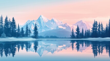 tranquil mountain landscape with snow-capped peaks reflecting in a clear alpine lake, surrounded by evergreen trees; pastel dawn tones with ample negative space.