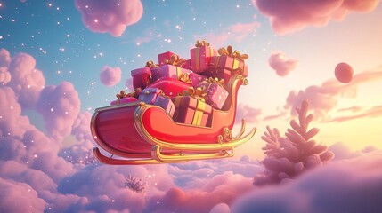 A whimsical cartoon sleigh with oversized presents, glowing softly as it flies through a pastel sky