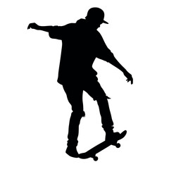 A man is riding a skateboard. He is wearing a hat and a hoodie. He is holding his hand out
