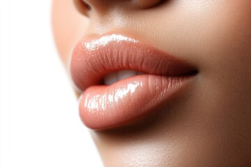 Fototapeta premium Close up of glossy pink lips with natural texture and soft glowing finish