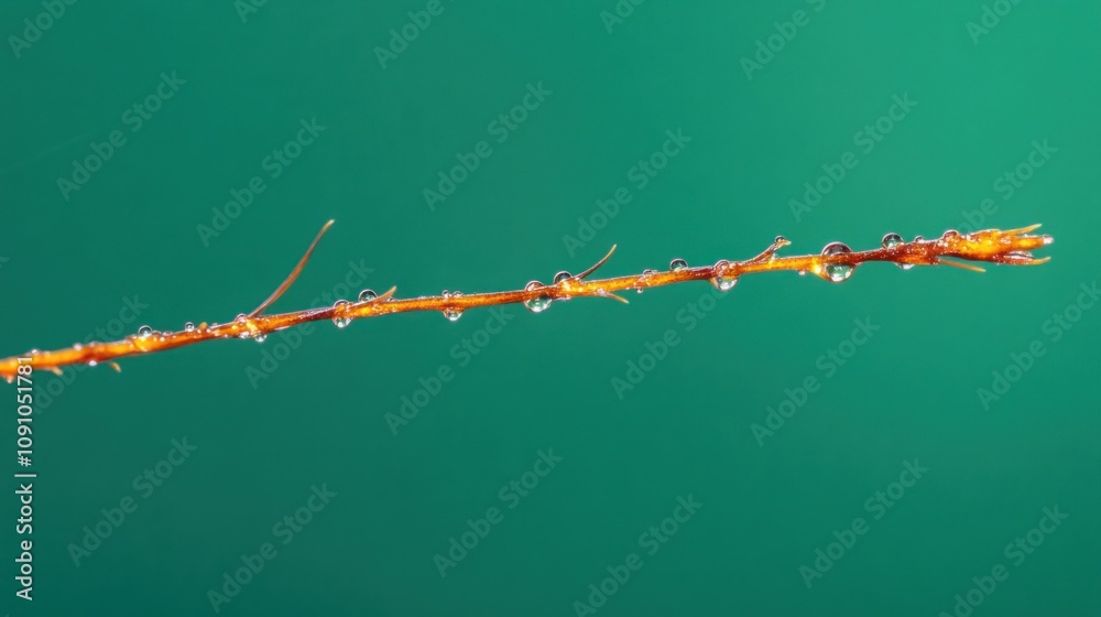 Aufkleber A close-up of a twig with water droplets against a soft green background.