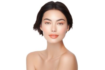 Smiling Caucasian Woman with Nude Make Up on Transparent Background, Healthy Face Care Routine, Natural Beauty, Cosmetics Concept.