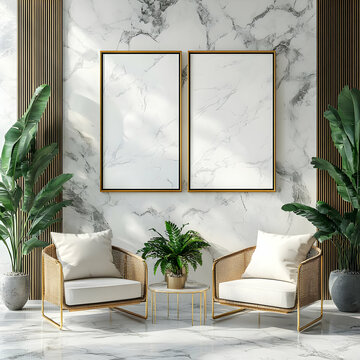 3D Illustration Modern Interior Design Marble Wall Golden Frame