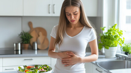 Thirty-year-old woman experiencing abdominal pain, representing menstrual cramps or health issues