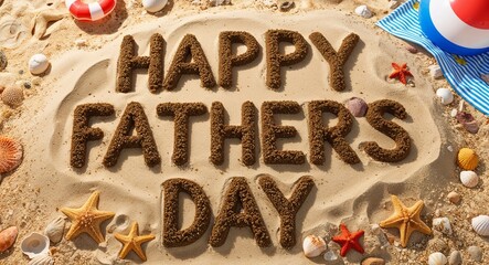 happy fathers day lettering on sand in beach on summer