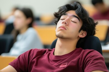 Fototapeta premium Young man resting with closed eyes in a classroom setting, focusing on relaxation and tranquility amidst a group of students engaged in learning activities.
