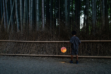 行灯を持って京都の竹林小径を歩く少年