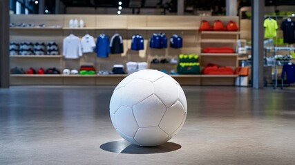 A soccer ball positioned in a sports store with colorful jerseys and gear on display in the background