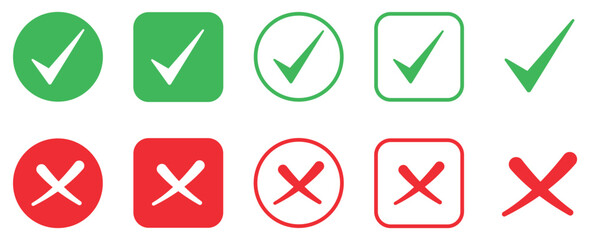 Set of check marks and cross mark. Check box icon with yes or no checkmark icons. Circle and square. Vector illustration