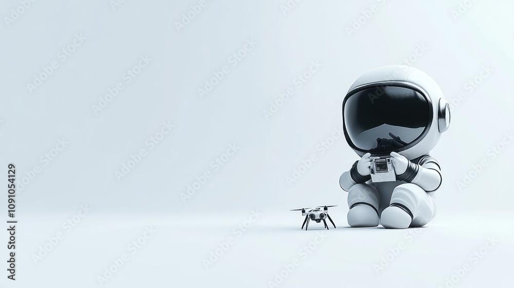Poster a small astronaut figure sits on a white surface, controlling a drone.