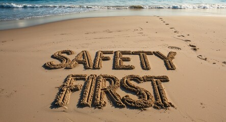 safety first lettering on sand in beach on summer