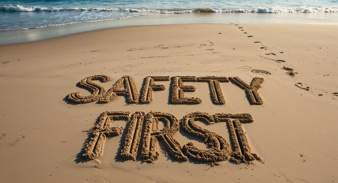 safety first lettering on sand in beach on summer