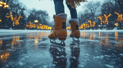 Fototapeta premium Capture the magic of ice skating on a frozen pond, focusing on a close-up of a skater gliding gracefully across the ice.