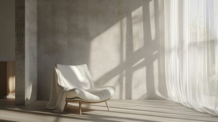 White Armchair in Minimalist Room with Sunlight and Sheer Curtains