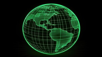 Naklejka premium Globe with neon grid overlay, holographic style, connecting lights in green and cyan, dark backdrop, high-resolution illustration