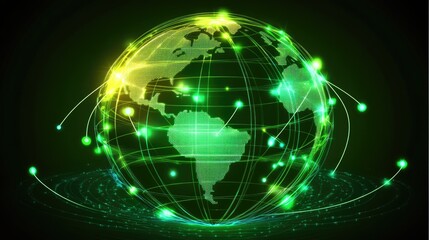 Fototapeta premium Globe with neon grid overlay, holographic style, connecting lights in green and cyan, dark backdrop, high-resolution illustration