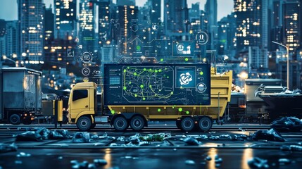 An image of a yellow waste truck equipped with a digital monitoring system, emphasizing the integration of technology in waste management and urban cleanliness enhancement.