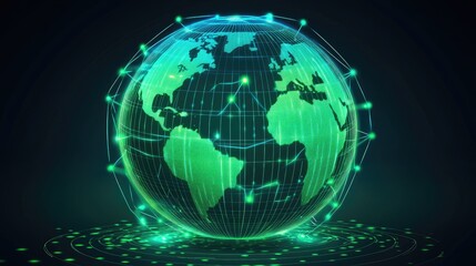 Fototapeta premium Globe with neon grid overlay, holographic style, connecting lights in green and cyan, dark backdrop, high-resolution illustration