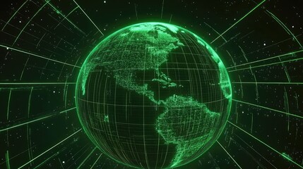 Obraz premium Globe with neon grid overlay, holographic style, connecting lights in green and cyan, dark backdrop, high-resolution illustration