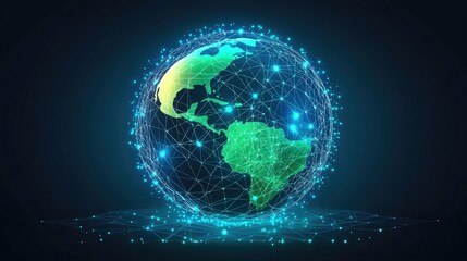 Globe with neon grid overlay, holographic style, connecting lights in green and cyan, dark backdrop, high-resolution illustration