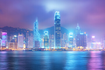 Obraz premium Hong Kong Skyline at Night: A Dazzling Urban Nightscape. Vibrant city lights illuminate the skyscrapers and harbor, creating a breathtaking view.