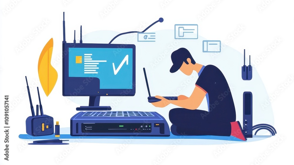 Wall mural a person working on a laptop surrounded by networking equipment and a desktop computer.