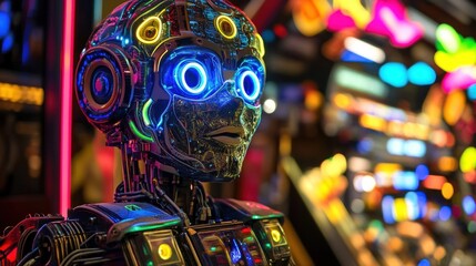 Fototapeta premium A futuristic robot with glowing features in a vibrant arcade setting.