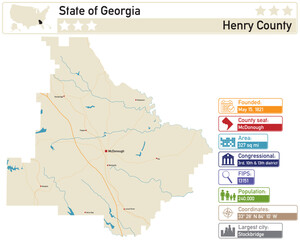 Obraz premium Detailed infographic and map of Henry County in Georgia USA.