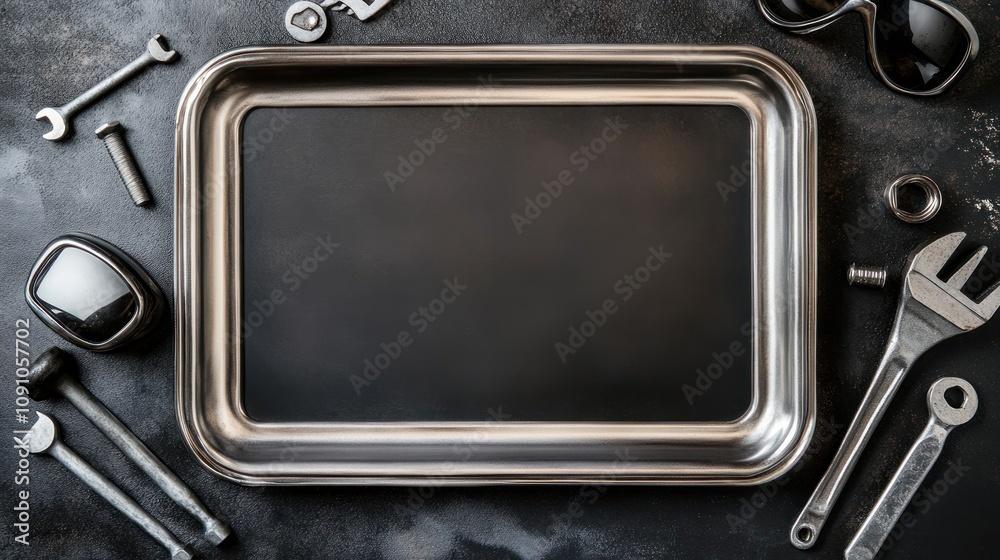 Poster a collection of tools arranged around a metallic tray on a dark surface.