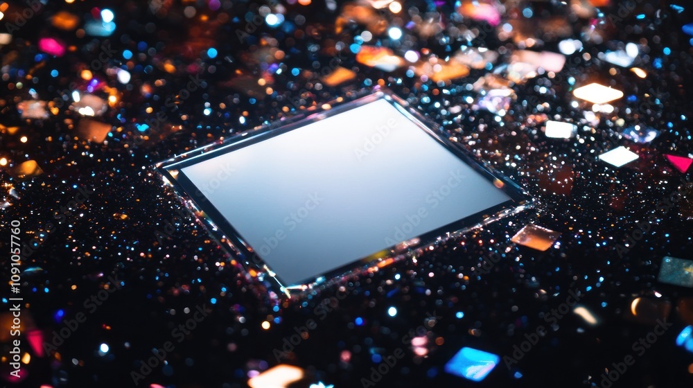 Poster a reflective surface surrounded by colorful, sparkling particles.