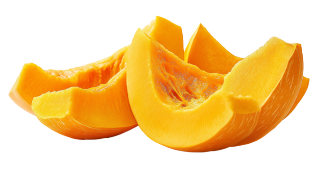 Fresh whole, half and sliced nutmeg pumpkins on a white background with space for text