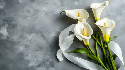 A serene funeral lily on a gray background with space for text, perfect for a memorial service announcement or sympathy card, offering a thoughtful and respectful tribute.