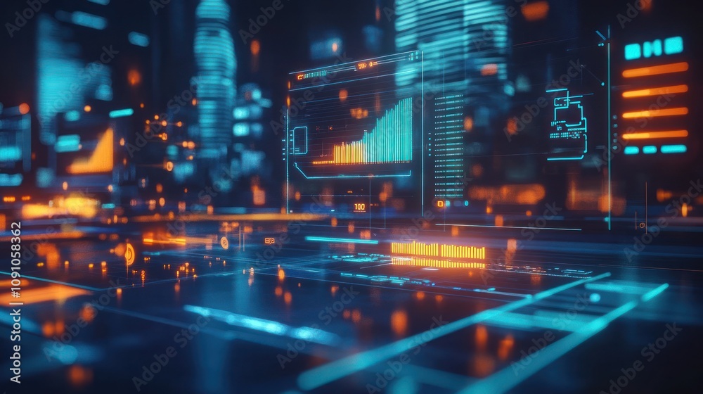 Poster futuristic digital interface with glowing data visuals and graphs.