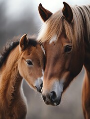 Obraz premium A tender moment shared between a mare and her foal, showcasing their bond in a serene natural setting.