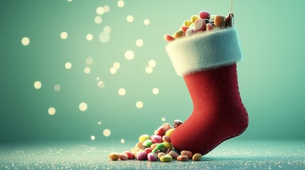 An animated Christmas stocking with candy spilling out, glowing against a pastel green background