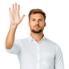 Confident Young Man Raising Hand with a Welcoming Gesture, Isolated on White Background, Perfect for Business, Communication, and Professional Concepts