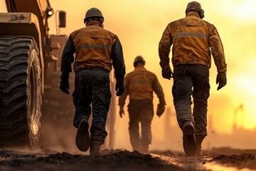 Fototapeta premium Oil workers operating heavy machinery oil field photo sunset glow close-up global oil operations