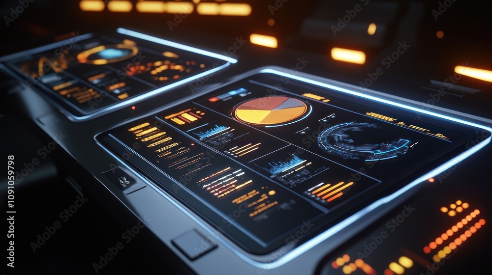 Poster Two futuristic control panels displaying data visualizations and analytics.