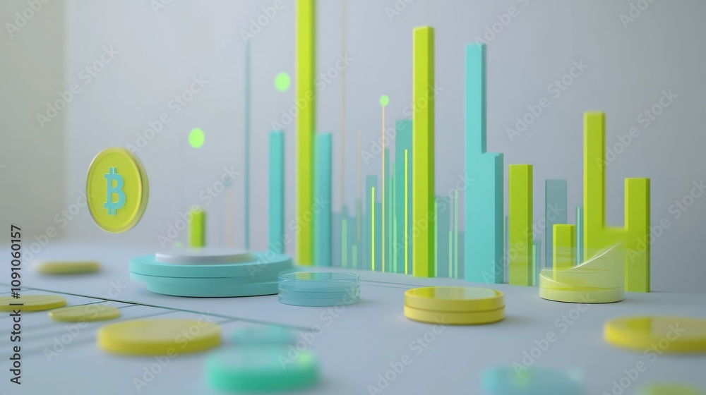 Poster digital representation of cryptocurrency with graphs and coins illustrating market trends.