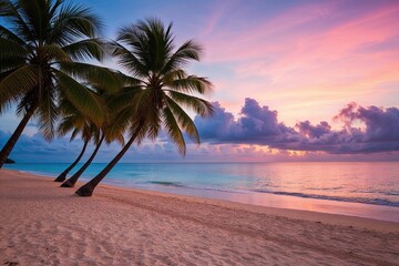 Tropical Sunrise Over Sandy Beach with Coconut Trees in Vibrant Paradise