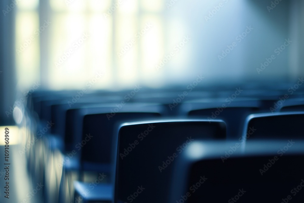 Poster A blurred view of rows of empty chairs in a spacious, well-lit room.