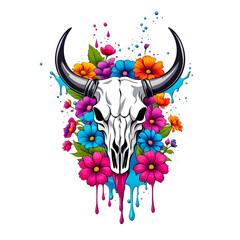 illustration of bull skull surrounded by colorful flowers on white background.