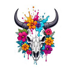 illustration of bull skull surrounded by colorful flowers on white background.