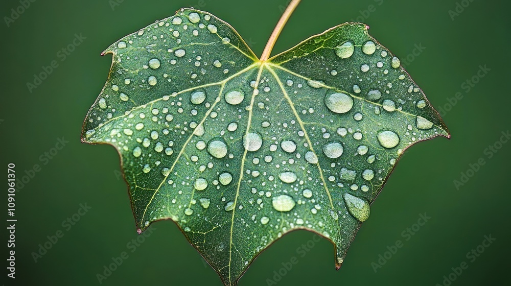 Poster a close-up of a green leaf with water droplets on its surface against a blurred background.