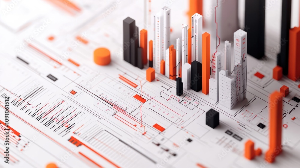Poster Abstract data visualization with geometric shapes in orange, black, and white.