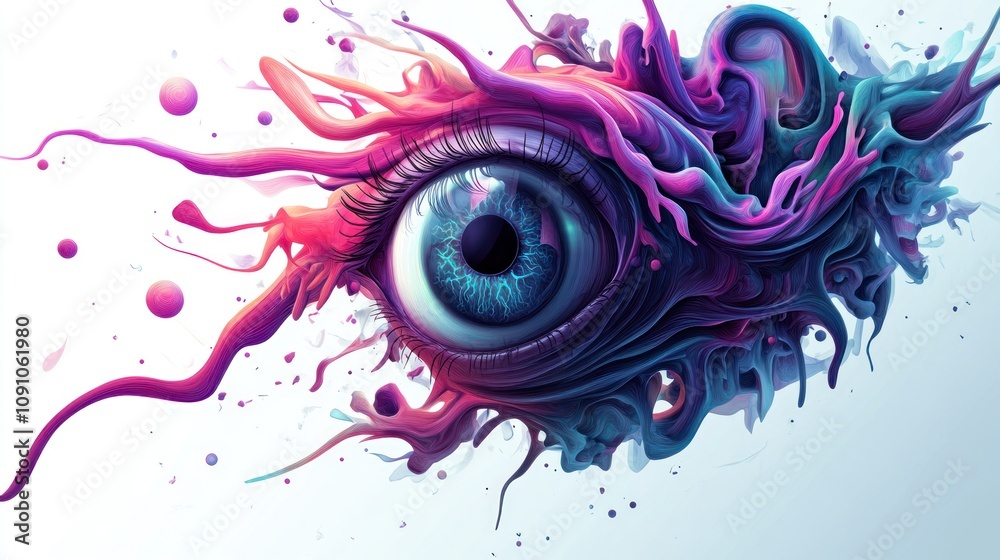 Poster an artistic representation of an eye surrounded by vibrant, flowing colors and shapes.