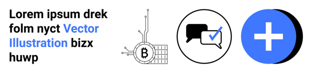 Obraz premium Bitcoin chip with grid, messaging icon with check mark, and blue medical cross button. Ideal for cryptocurrency, digital communication, healthcare, tech blogs, presentations, educational materials