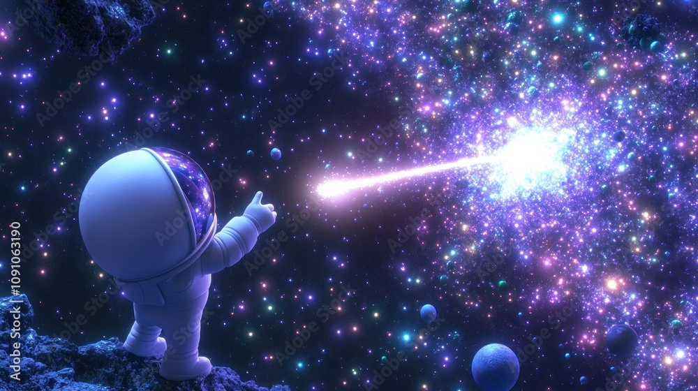 Poster an astronaut points towards a vibrant galaxy, highlighting the wonders of space exploration.