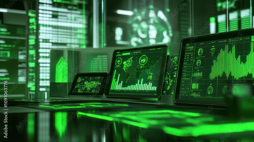 Aufkleber A futuristic workspace featuring green digital displays and data visualizations.